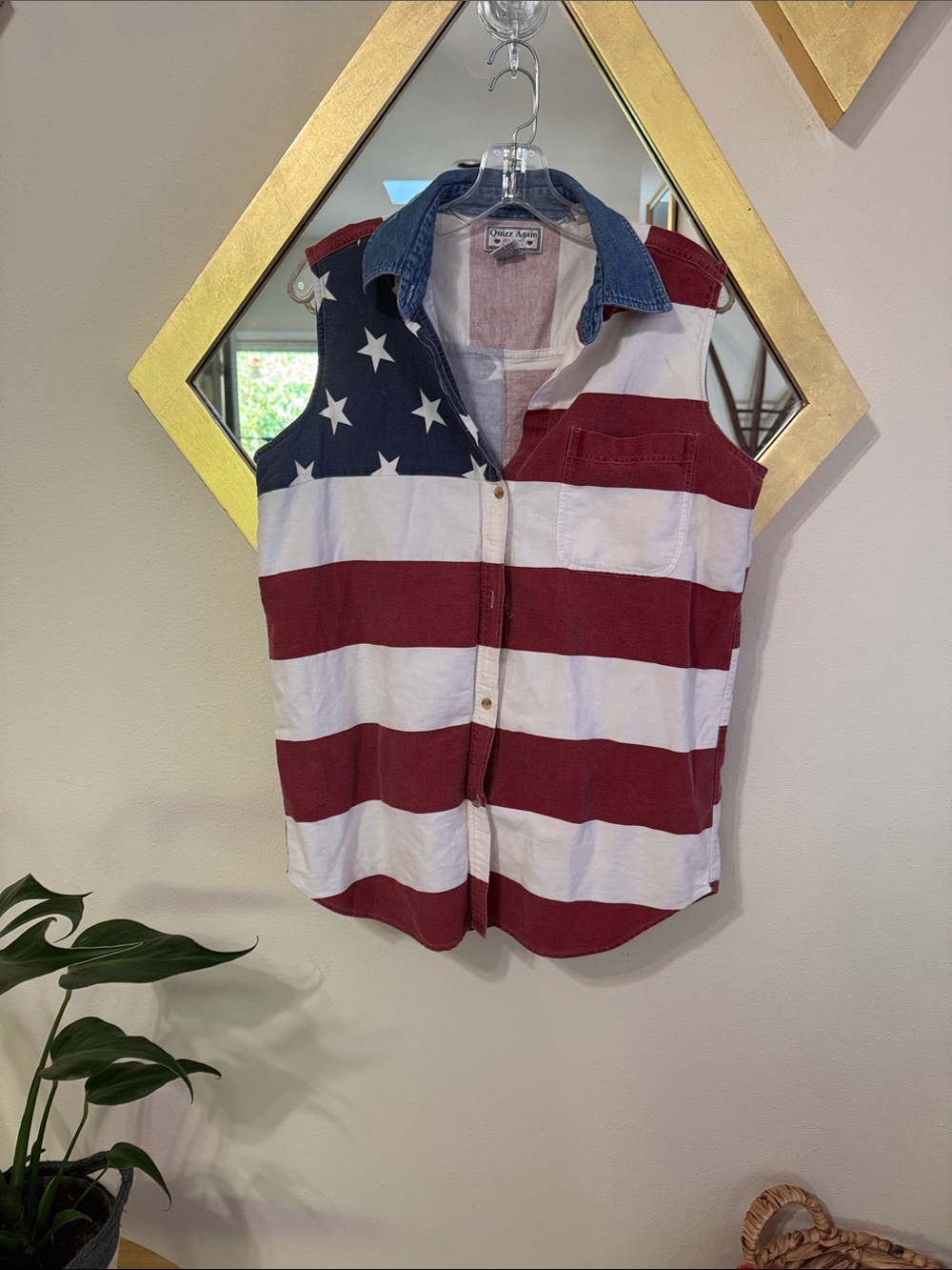 Vintage 90s American Flag Denim Collar Sleeveless Button Up Shirt USA Vest L